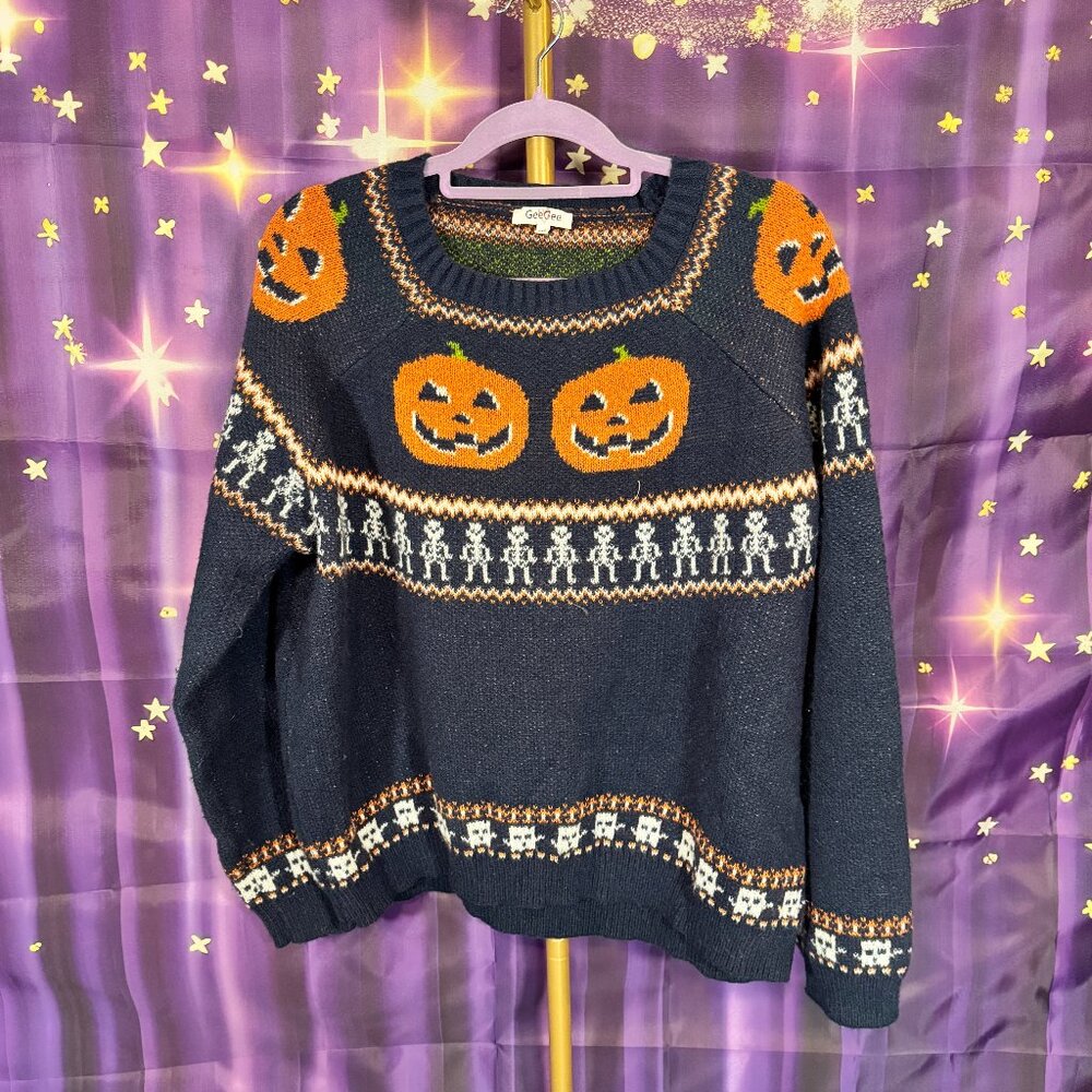 Gee Gee - Pumpkins and Skeletons Fair Isle Sweater - Orange, Navy - 1x